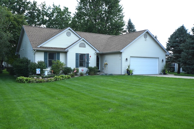 single story home with a front lawn and a garage