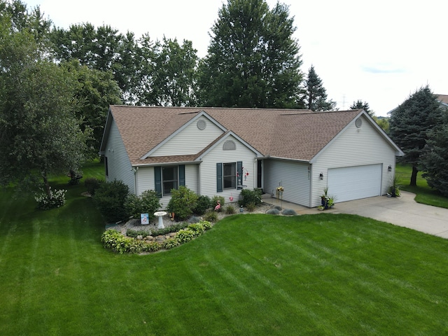 ranch-style house with a front lawn and a garage