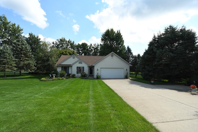 single story home featuring a garage and a front yard