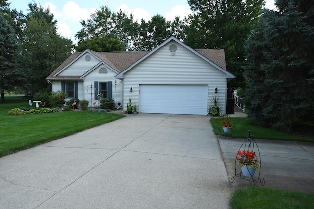 ranch-style house with a garage and a front yard