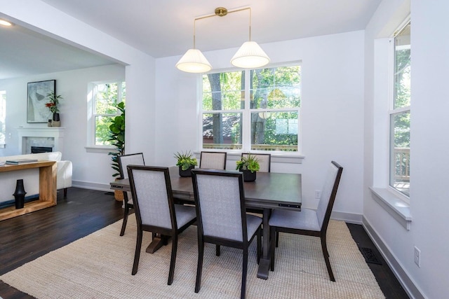 dining space with dark hardwood / wood-style flooring