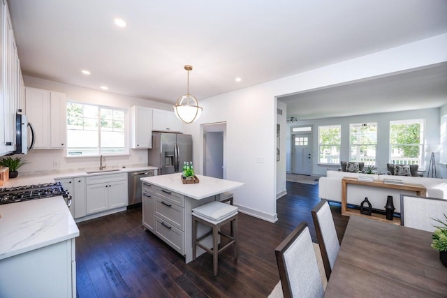 kitchen with appliances with stainless steel finishes, a center island, plenty of natural light, and pendant lighting