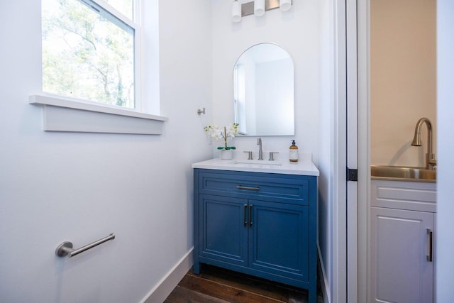 bathroom featuring vanity and hardwood / wood-style flooring