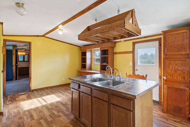 kitchen featuring sink, light hardwood / wood-style flooring, crown molding, lofted ceiling, and a kitchen island with sink