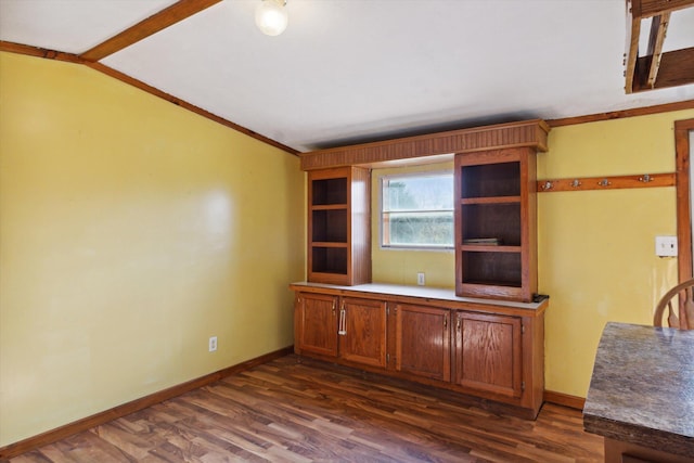 interior space with ornamental molding, vaulted ceiling, and dark wood-type flooring