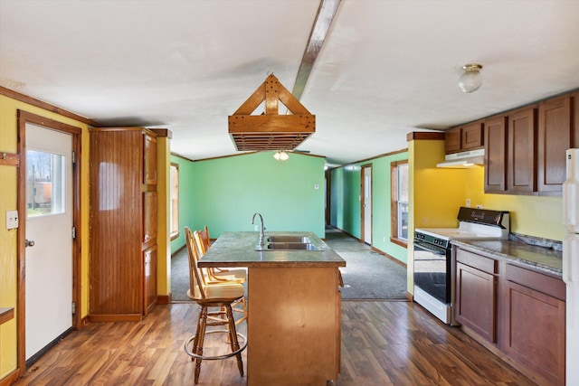 kitchen featuring white range, a center island with sink, dark hardwood / wood-style floors, and sink