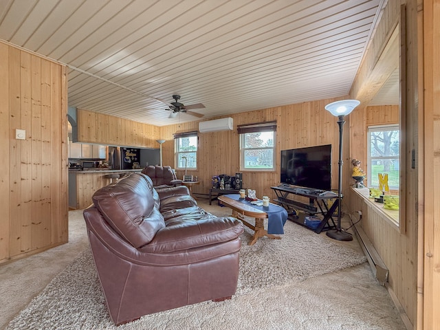 living room featuring a wall unit AC, ceiling fan, and wooden walls