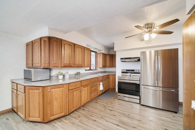 kitchen featuring appliances with stainless steel finishes, sink, light hardwood / wood-style floors, and ventilation hood