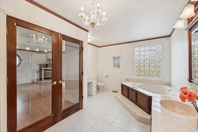 full bathroom featuring crown molding, a notable chandelier, tile patterned flooring, shower with separate bathtub, and toilet