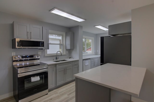 kitchen with gray cabinetry, light wood-type flooring, sink, and stainless steel appliances