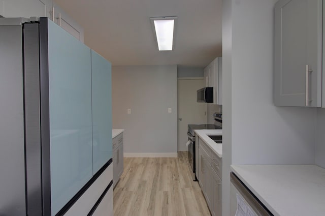 kitchen featuring white cabinets, light wood-type flooring, and appliances with stainless steel finishes