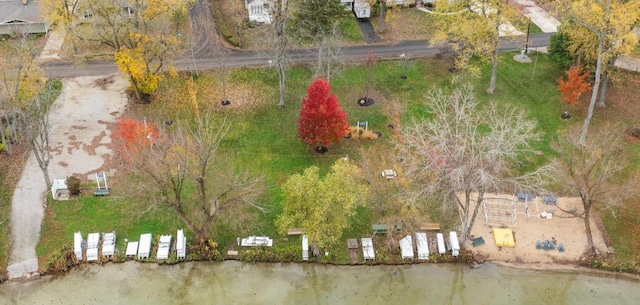 drone / aerial view with a water view