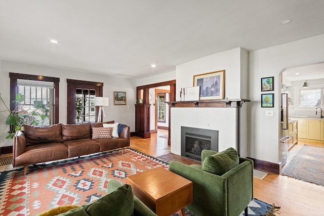 living room featuring light hardwood / wood-style flooring and sink