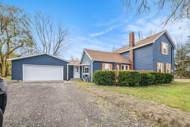 view of front of home featuring a shingled roof, gravel driveway, a chimney, and a front lawn