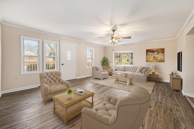 living area with dark wood finished floors, crown molding, and baseboards