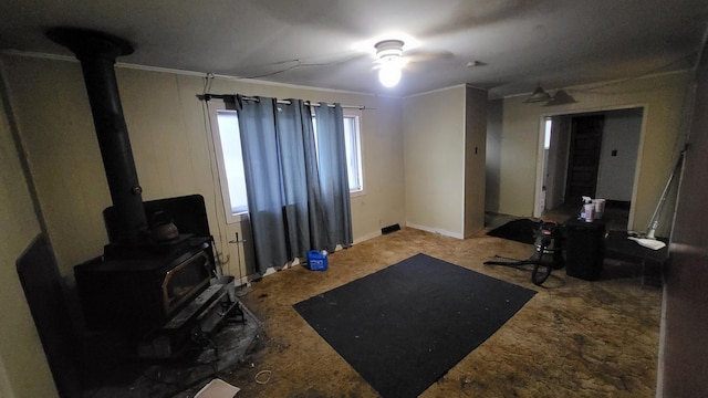 interior space featuring a wood stove