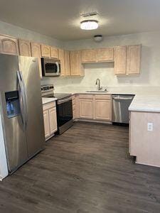 kitchen with appliances with stainless steel finishes, dark hardwood / wood-style floors, light brown cabinetry, and sink