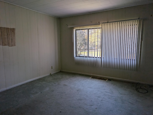 carpeted spare room with wood walls