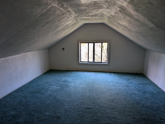 additional living space with carpet, a textured ceiling, and vaulted ceiling