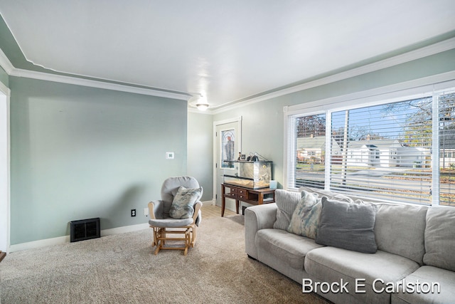 living room with ornamental molding and carpet floors