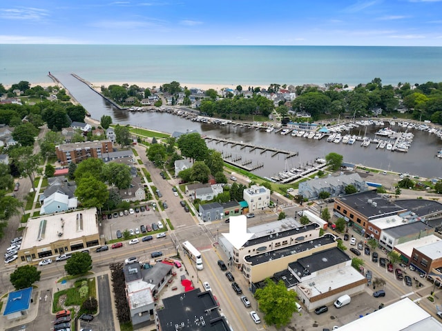 bird's eye view with a water view