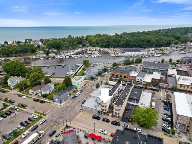 drone / aerial view with a water view