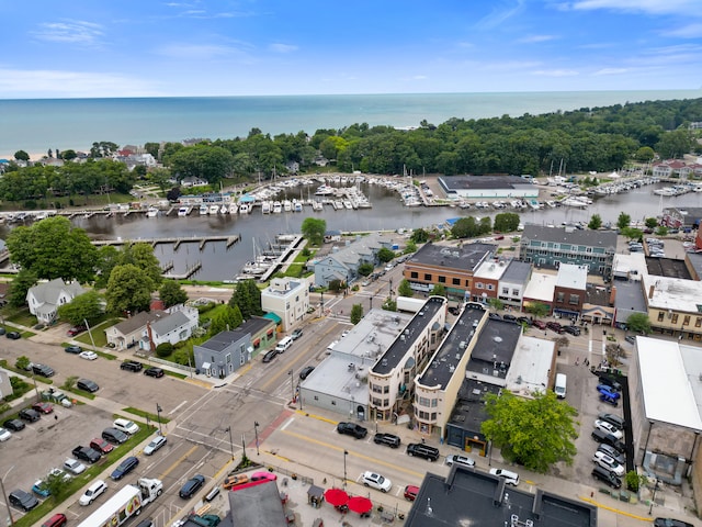 aerial view featuring a water view