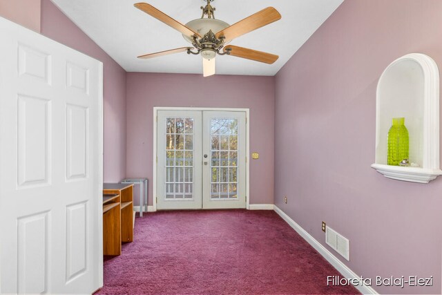 doorway to outside featuring carpet, ceiling fan, and french doors