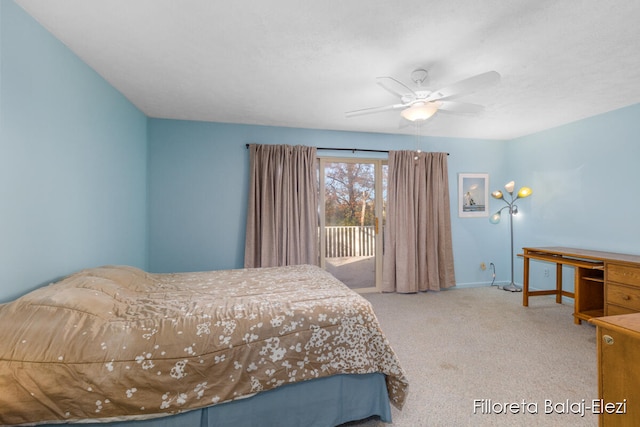 bedroom with access to outside, ceiling fan, and carpet floors