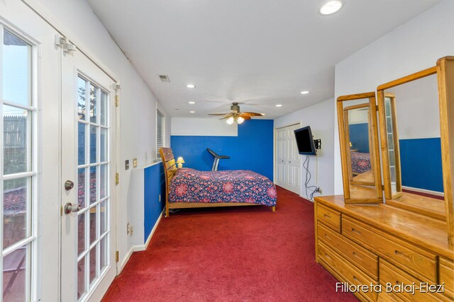 bedroom with a closet, ceiling fan, and dark colored carpet