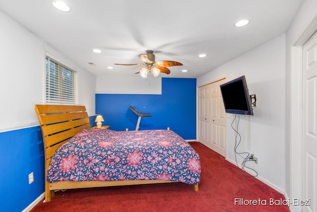 bedroom with carpet floors, a closet, and ceiling fan