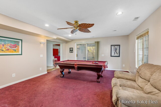 recreation room featuring pool table, ceiling fan, and carpet flooring