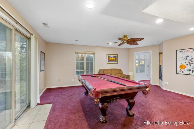 rec room with ceiling fan, light carpet, and billiards