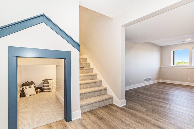 staircase with hardwood / wood-style floors