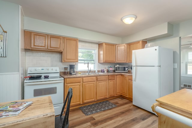 kitchen with light wood-type flooring, decorative backsplash, sink, white appliances, and ceiling fan