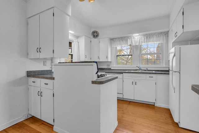 kitchen featuring white cabinetry, white appliances, sink, and light hardwood / wood-style floors