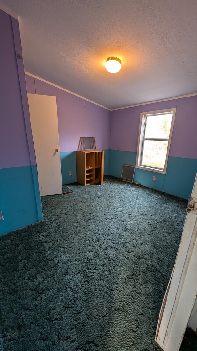 additional living space featuring vaulted ceiling, a textured ceiling, and dark carpet