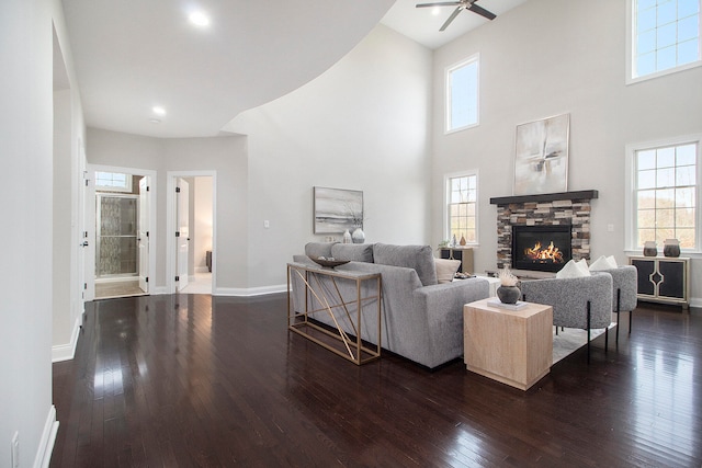 living room featuring a fireplace, plenty of natural light, and dark wood-type flooring