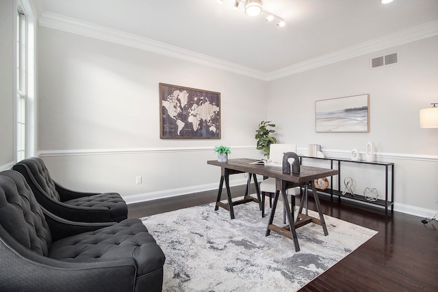 home office featuring dark hardwood / wood-style floors and ornamental molding