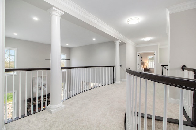 hall featuring carpet and ornamental molding