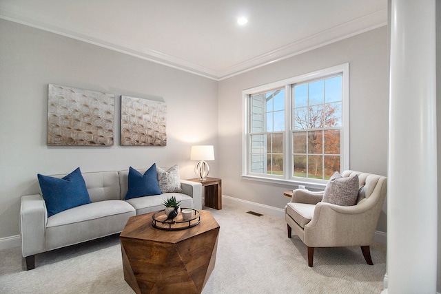 living room featuring carpet floors and ornamental molding