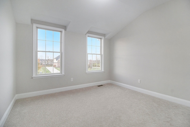 carpeted spare room with a wealth of natural light and lofted ceiling