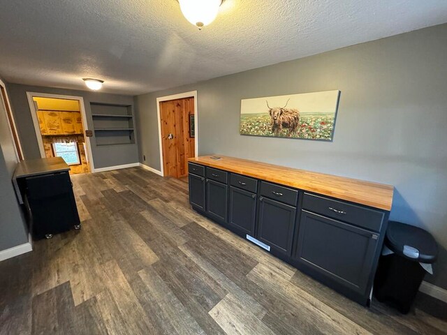 interior space with dark hardwood / wood-style flooring, a textured ceiling, and wood counters