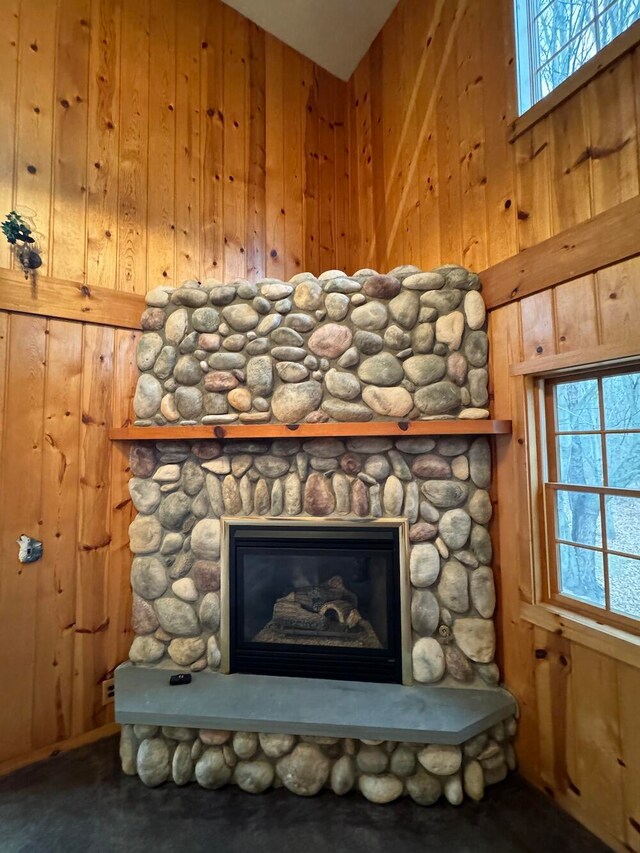 details featuring a stone fireplace, carpet, and wooden walls