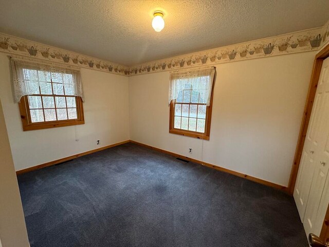 carpeted empty room with a textured ceiling