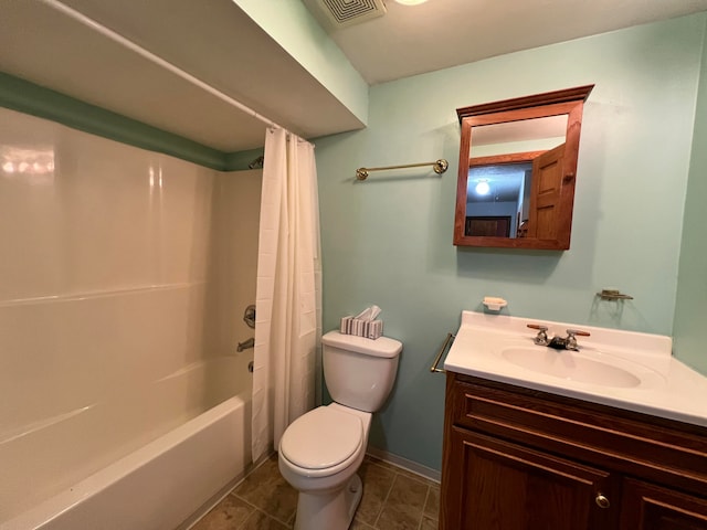 full bathroom with shower / bath combination with curtain, vanity, toilet, and tile patterned floors