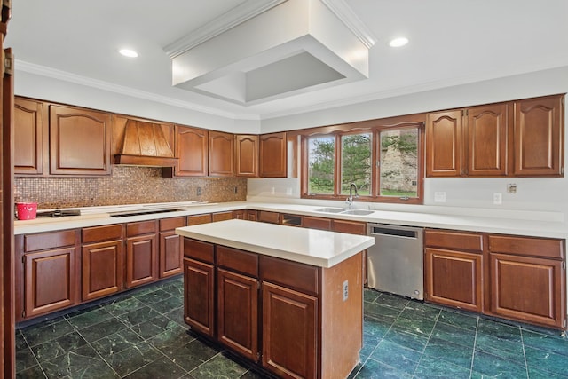 4489 Cranbrook Trl, Orchard Lake, MI 48323 - kitchen featuring custom exhaust hood, tasteful backsplash, a sink, light countertops, and stainless steel dishwasher