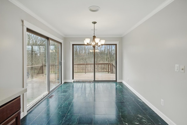 4489 Cranbrook Trl, Orchard Lake, MI 48323 - unfurnished dining area with a healthy amount of sunlight, visible vents, a notable chandelier, and baseboards