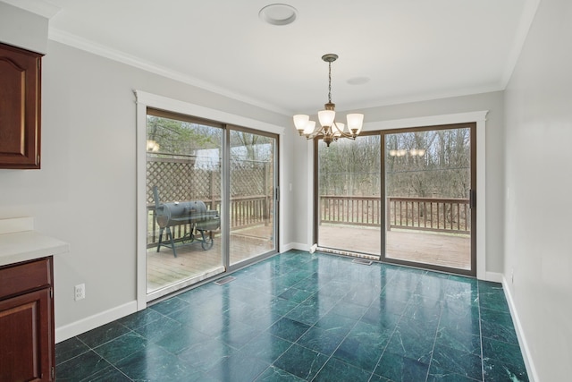 4489 Cranbrook Trl, Orchard Lake, MI 48323 - unfurnished dining area featuring baseboards, a chandelier, and a healthy amount of sunlight