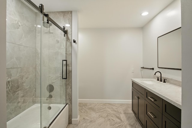 4489 Cranbrook Trl, Orchard Lake, MI 48323 - bathroom featuring enclosed tub / shower combo, vanity, baseboards, and recessed lighting